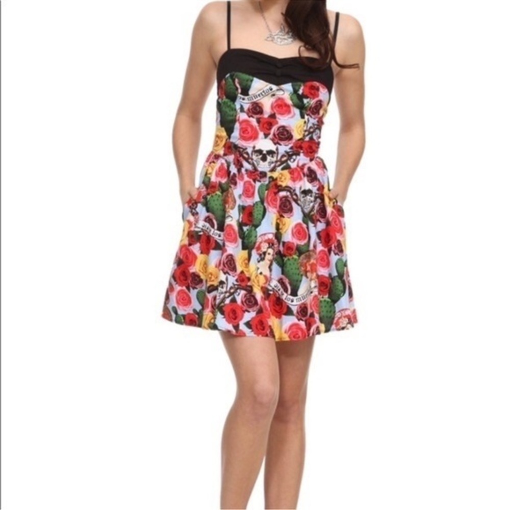 HELL BUNNY DIA DE LOS MUERTOS Floral Print Women's Dress MEDIUM